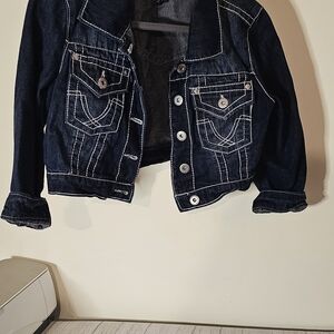 Highway Jeans-Dark Blue Cropped Denim Jacket with White Stitching